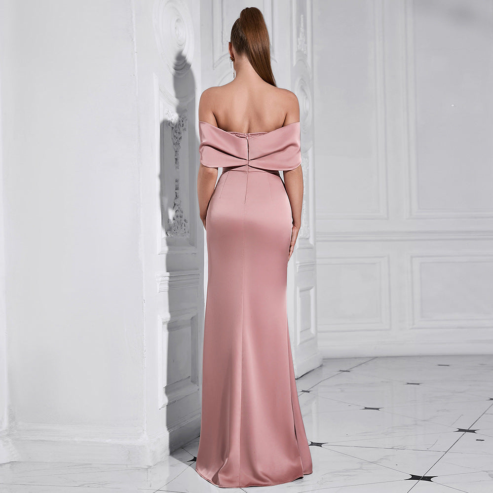 Elegant off-shoulder pink evening gown with bow detail, perfect for fashion and ملابس