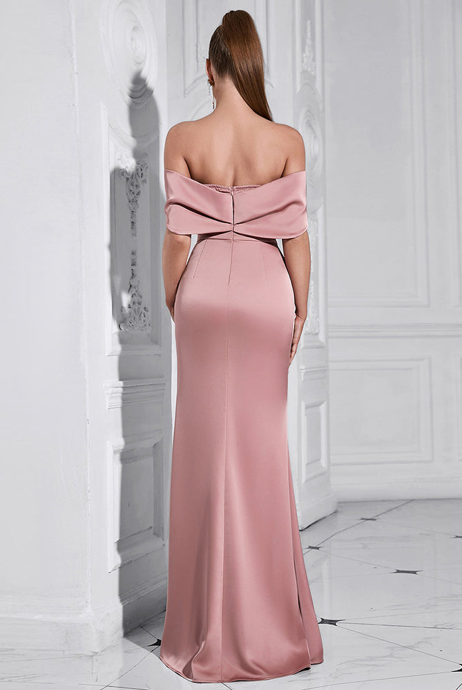 Elegant off-shoulder pink evening gown with bow detail, perfect for fashion and ملابس