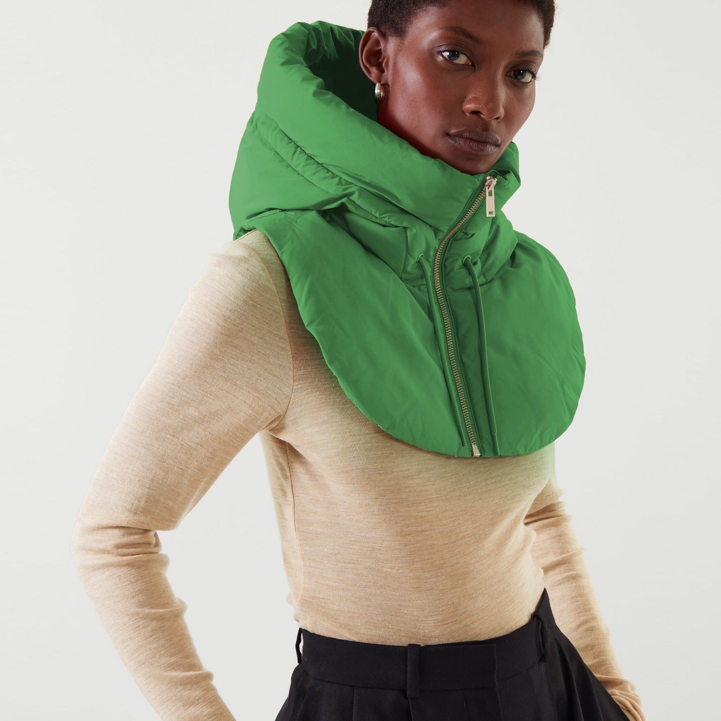 Green puffer hood with zipper, perfect for autumn winter accessories and hooded accessories