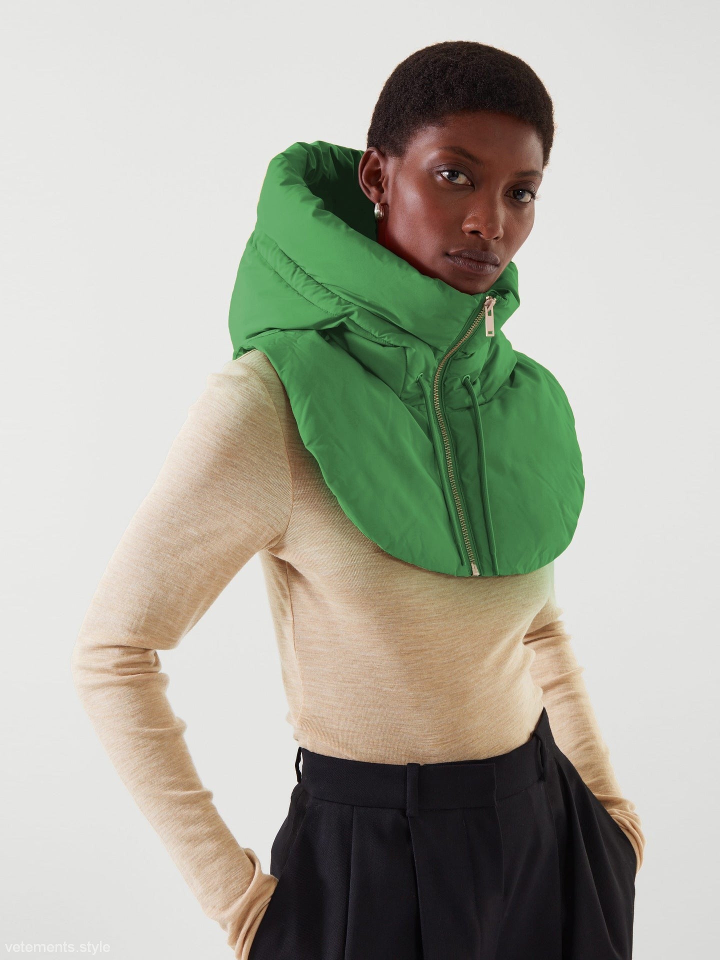 Green puffer hood with zipper, perfect for autumn winter accessories and hooded accessories