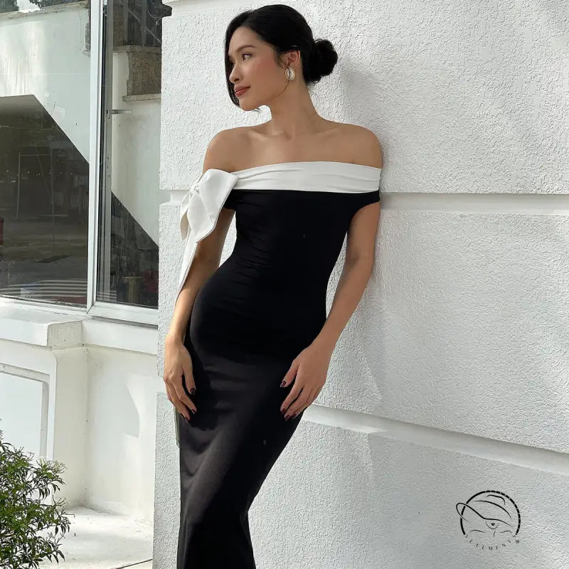Elegant langry black and white off-shoulder fashion evening gown