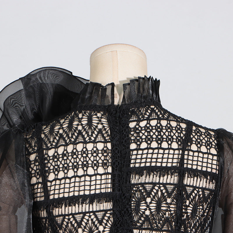 Elegant High Sense Lantern Sleeve Dress featuring Black Lace and Sheer Fabric Design