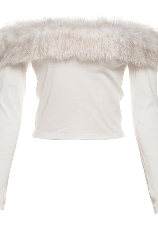 White off-shoulder langry fashion top with feathered trim and long sleeves