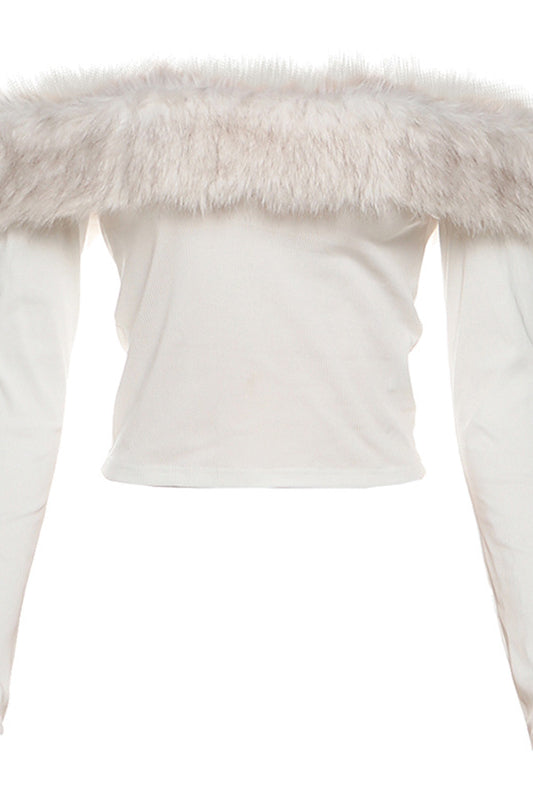 White off-shoulder langry fashion top with feathered trim and long sleeves