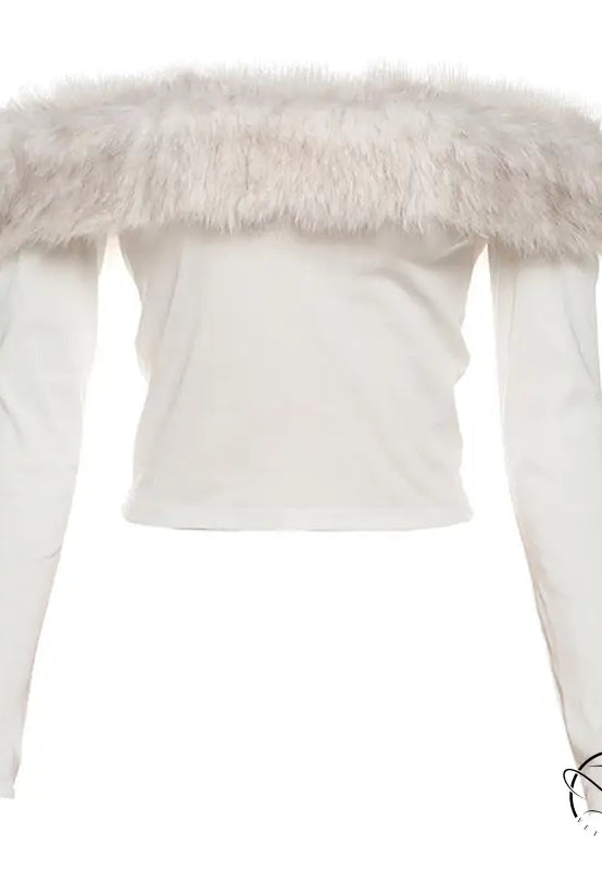 Langry fashion white off-shoulder top with feathered trim and long sleeves