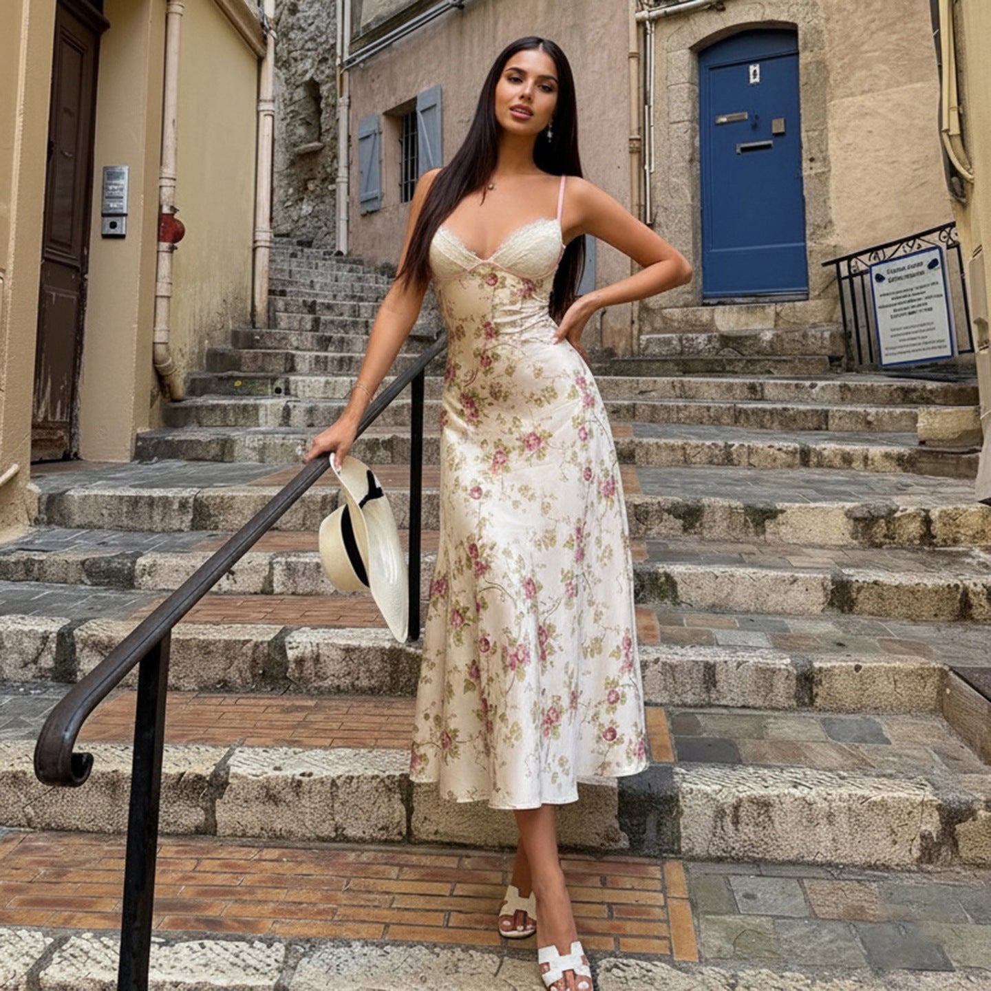 Cream floral A-line maxi dress in langry fashion style