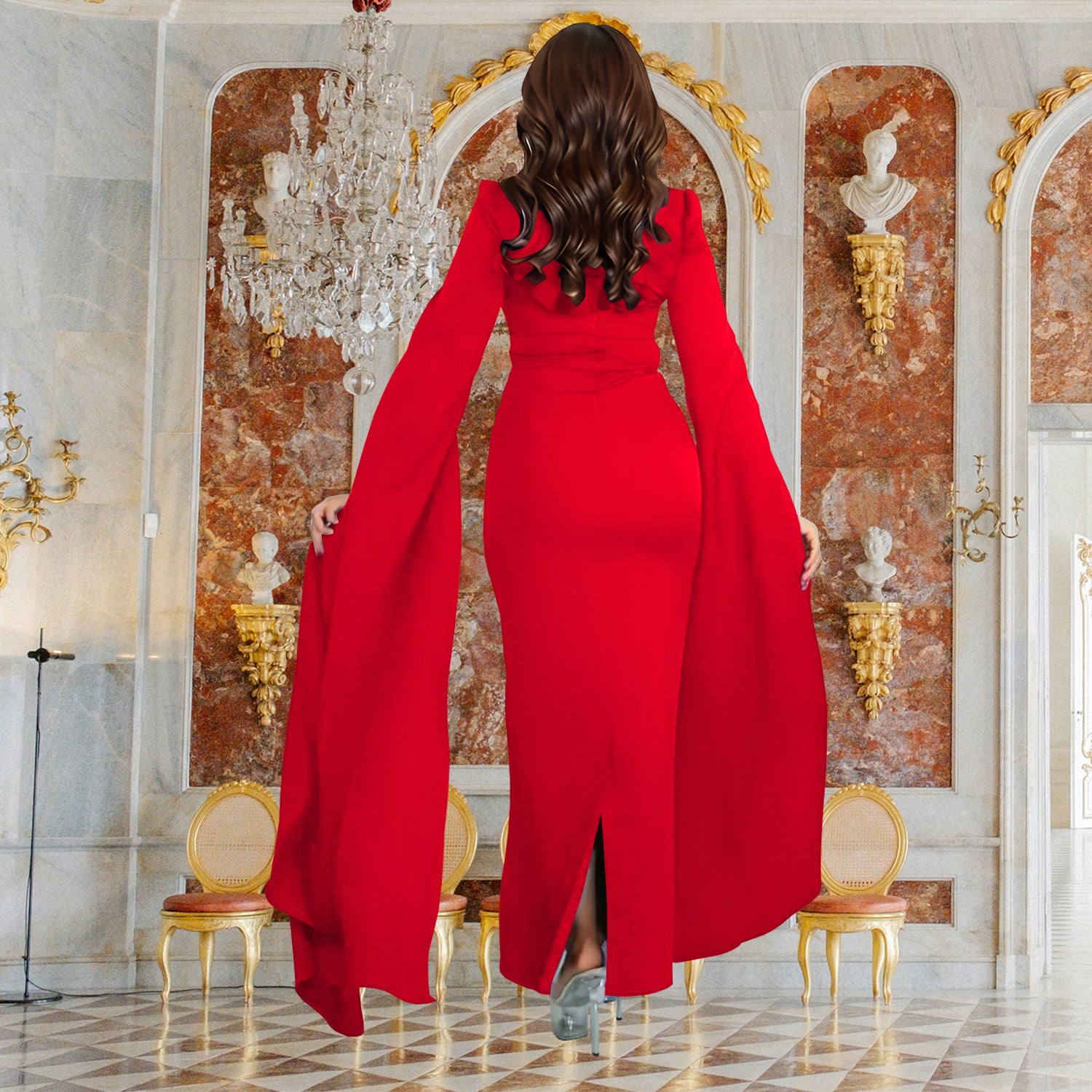 Red gown with flowing sleeves from Sleeve Drilling Elegant Dress, perfect for fashion and ملابس enthusiasts
