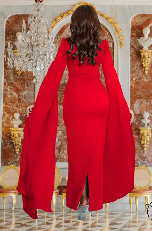 Elegant red langry fashion gown with flowing sleeves, ملابس dress