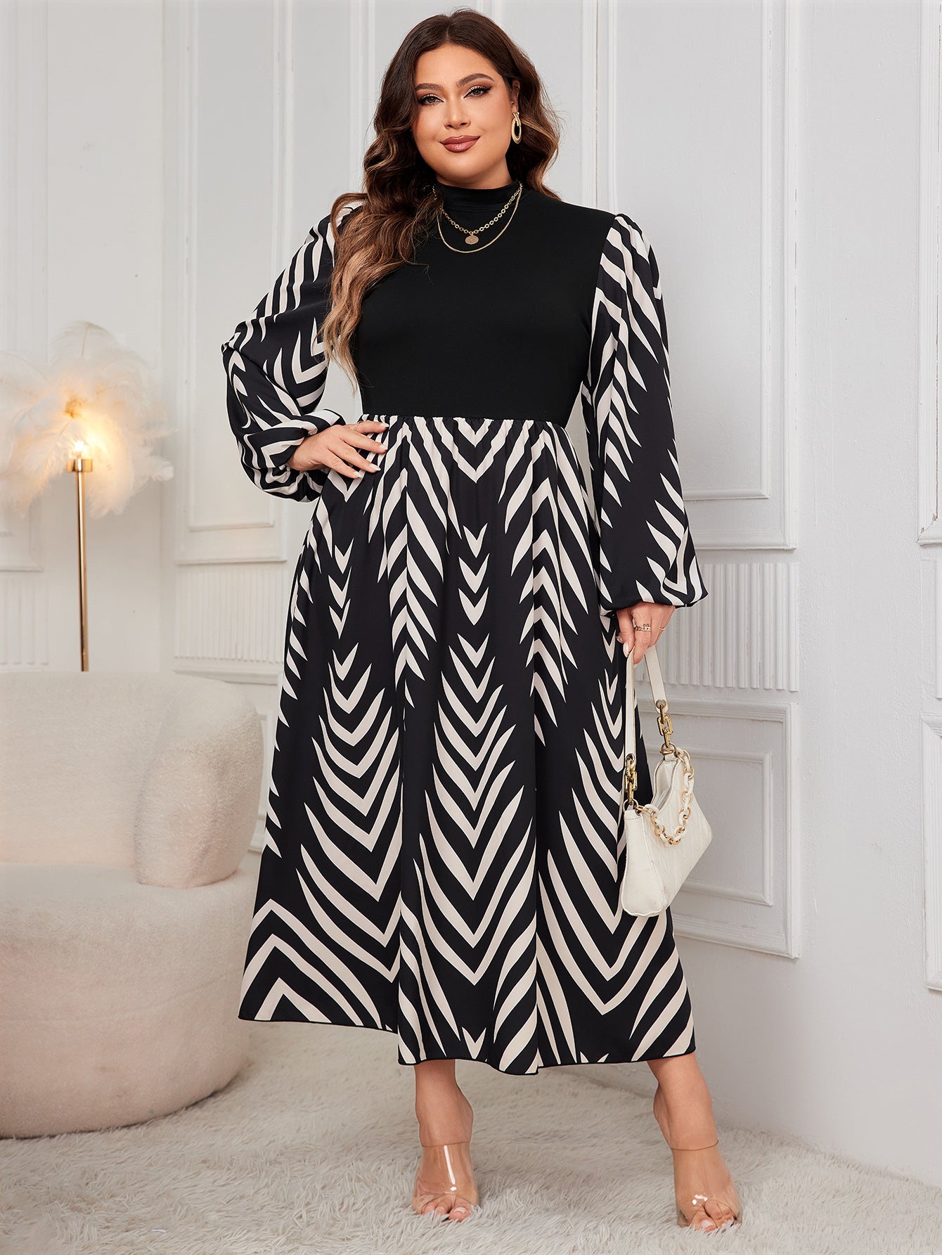 Elegant Puff Sleeve High Waist Dress featuring a stylish black and white pattern in ملابس