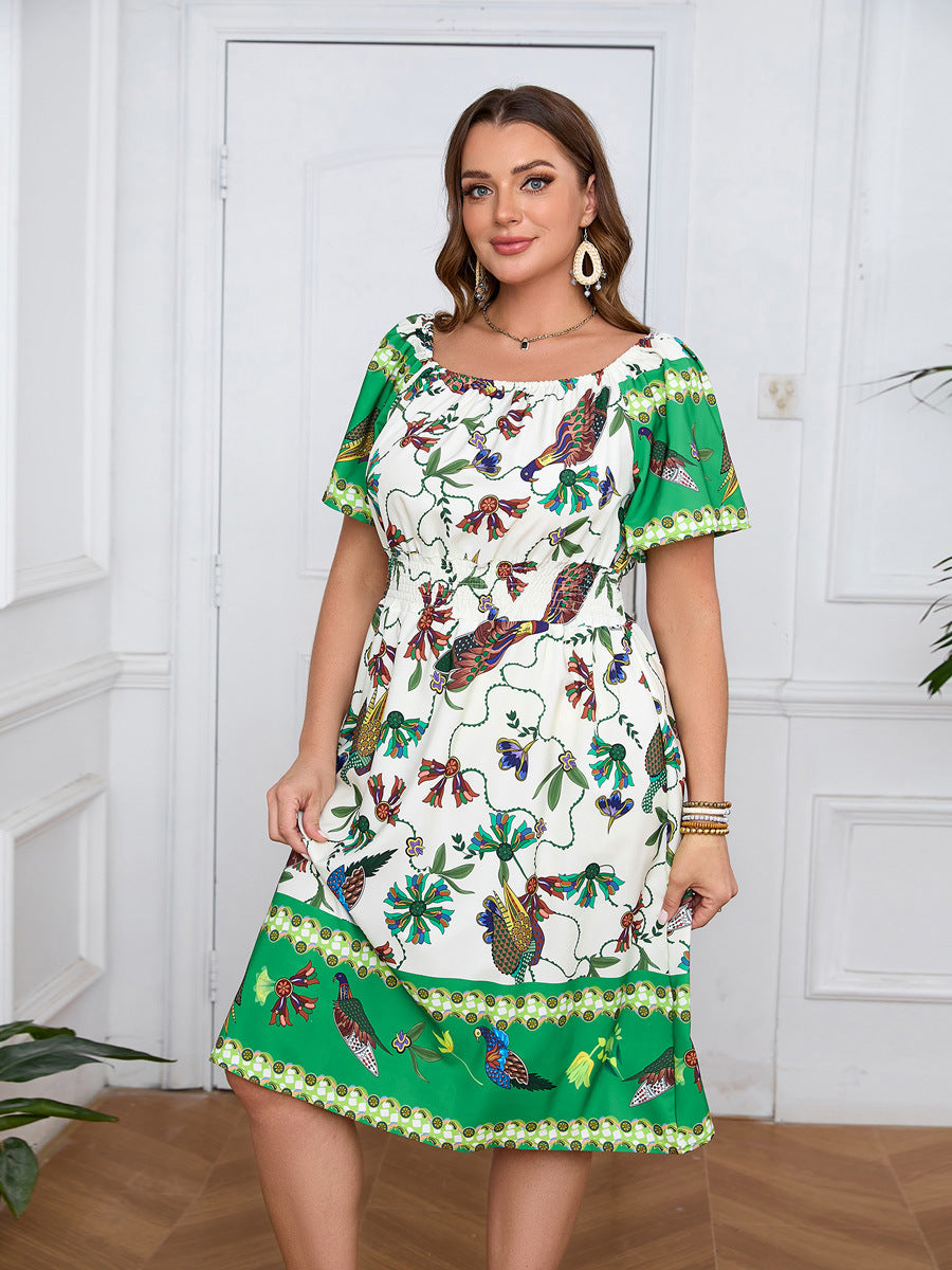 Elegant bohemian dress for women featuring floral and bird print, short puff sleeves