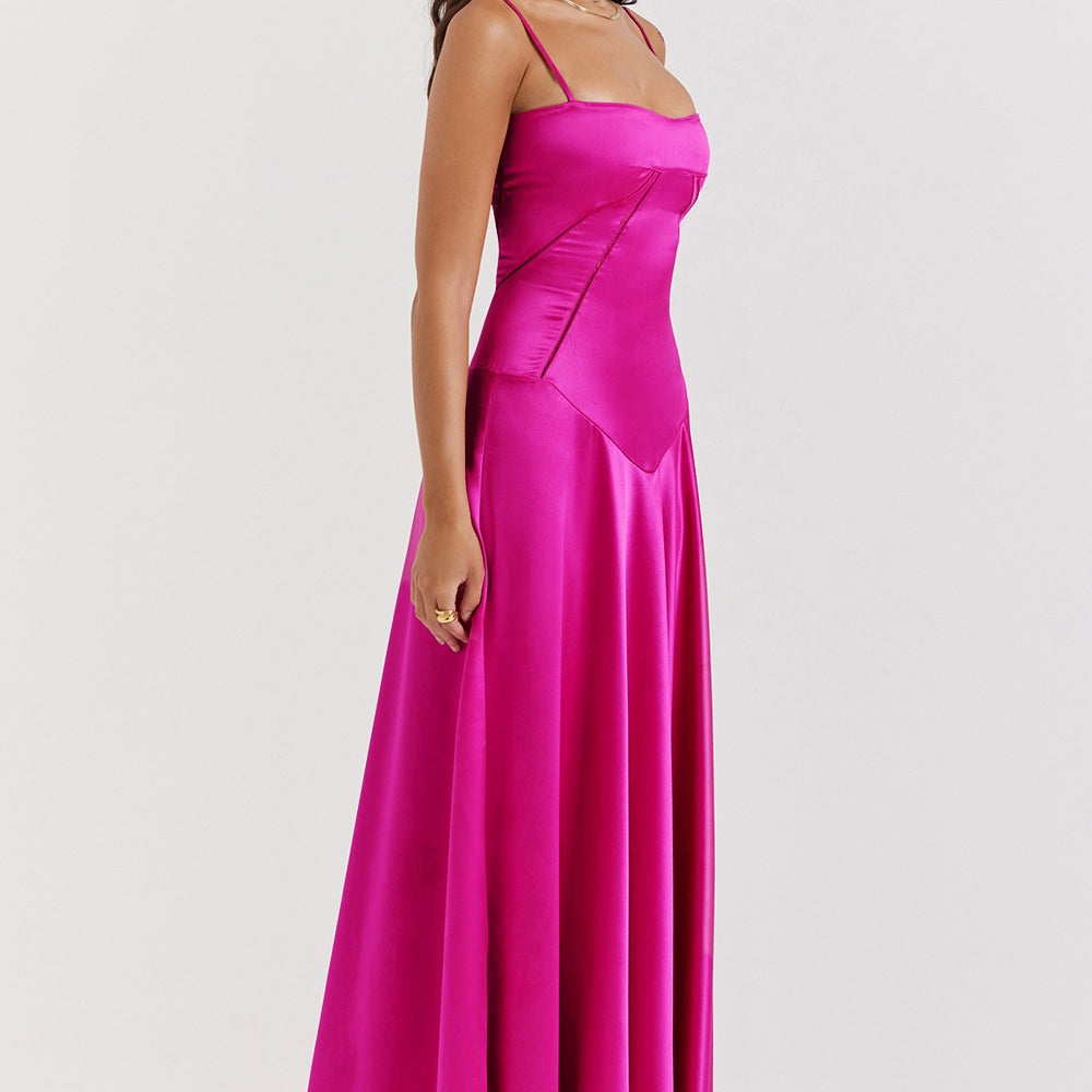 Fuchsia satin gown in Beautiful Backless Evening Dress showcasing elegant fashion ملابس