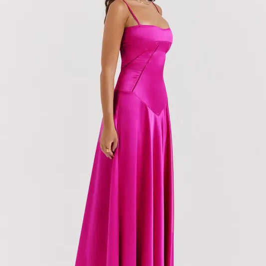 Elegant fuchsia satin langry evening dress with backless fashion design