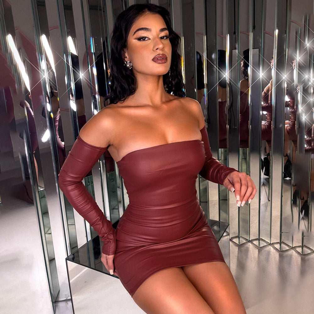 Burgundy off-shoulder bodycon dress with long sleeves, perfect for langry fashion