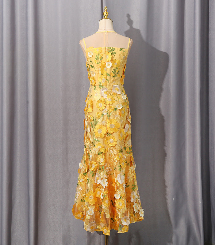 Vibrant yellow Langry fashion gown with 3D floral embroidery and fishtail hem