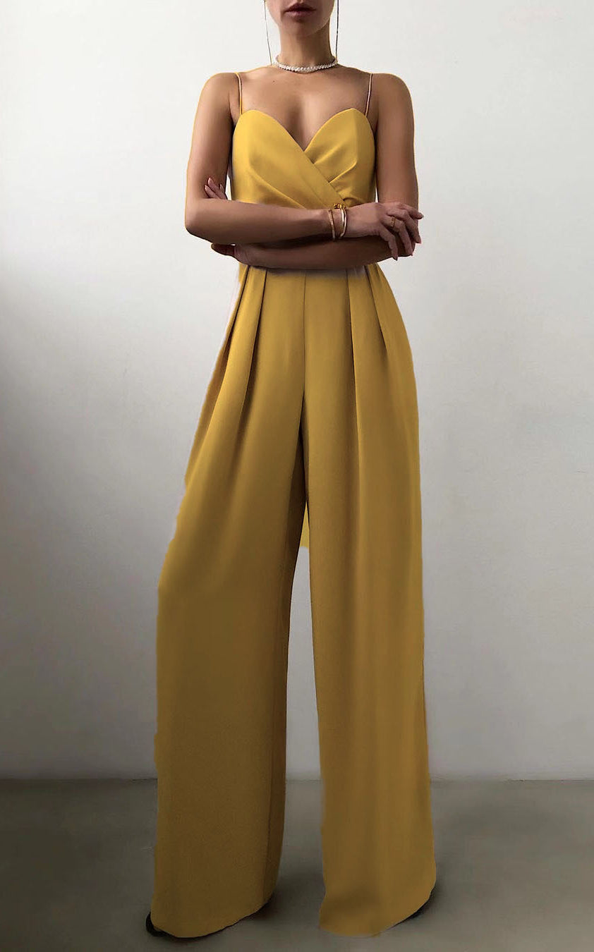 Mustard yellow strapless jumpsuit with pleated wide-leg pants for modern fashion ملابس