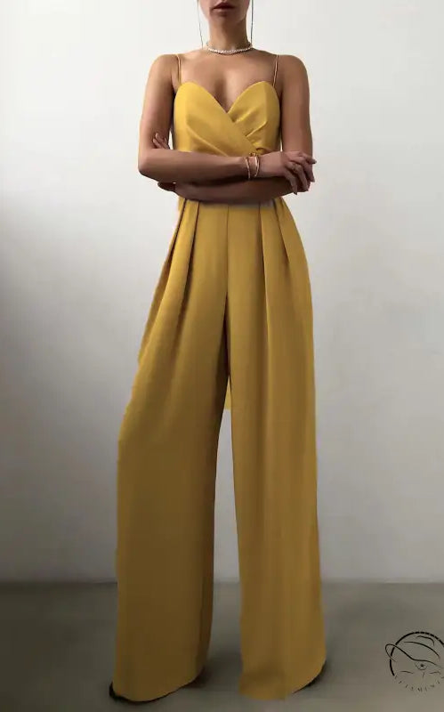 Mustard yellow strapless modern jumpsuit with pleated wide-leg pants