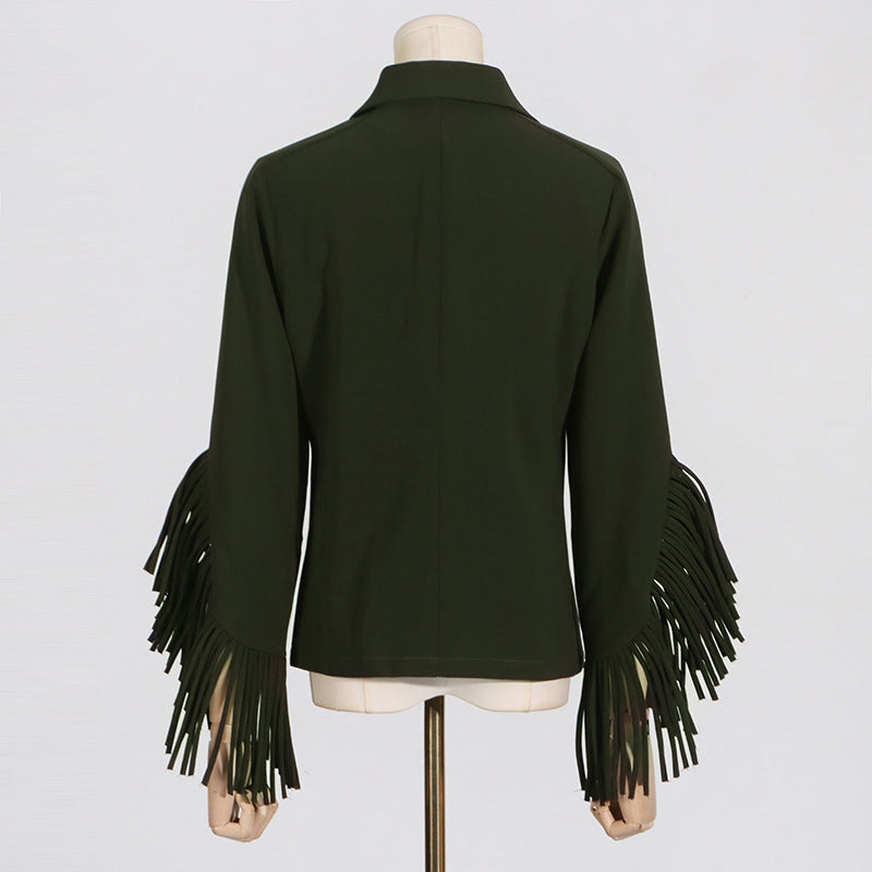 Olive green long sleeve blazer with fringe sleeves for casual office outfits