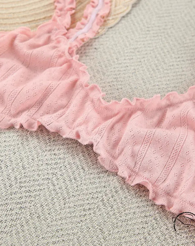 Pink eyelet knit bralette with ruffled edges in breathable long fashion pajamas