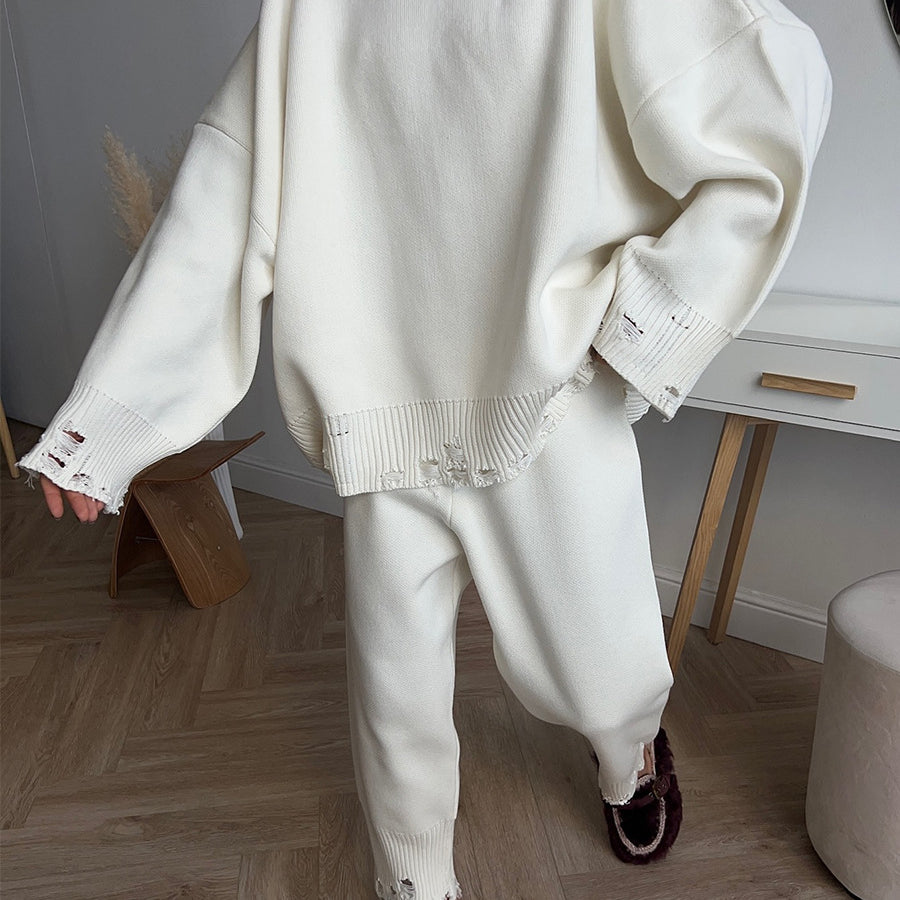 Winter Knitted Ankle Tight Pants Turtleneck Sweater Set