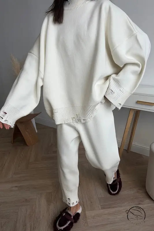 Winter Knitted Ankle Tight Pants Turtleneck Sweater Set