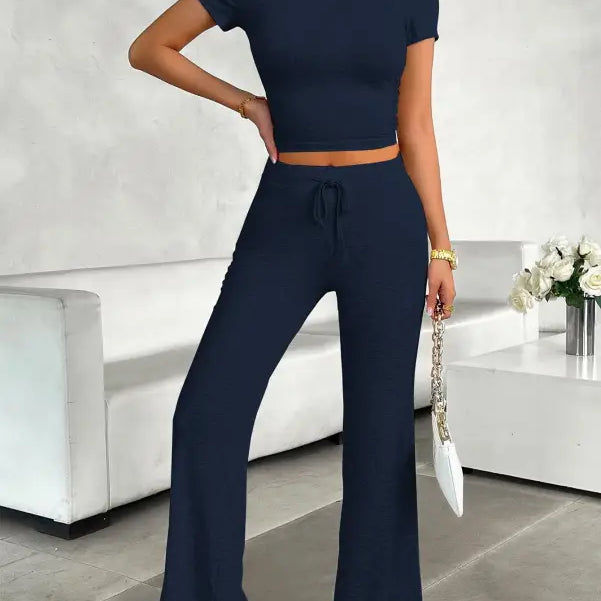 Navy blue langry fashion two-piece set with crop top and wide-leg pants