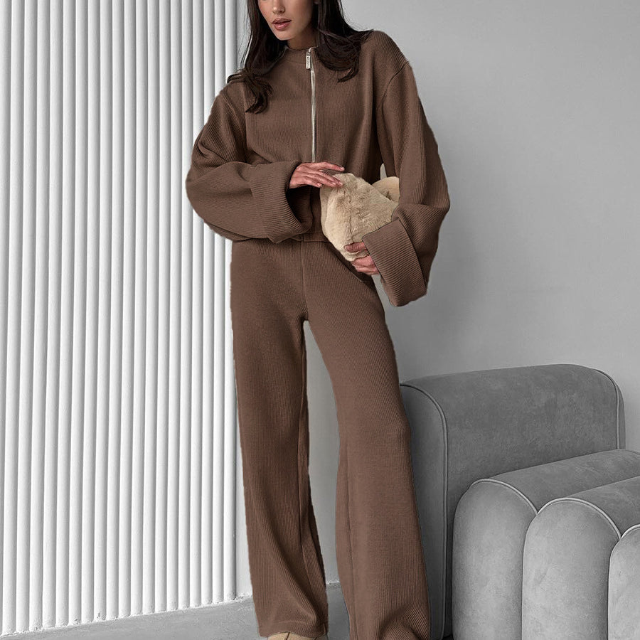 Brown knitted langry fashion jumpsuit with wide-leg pants and oversized sleeves