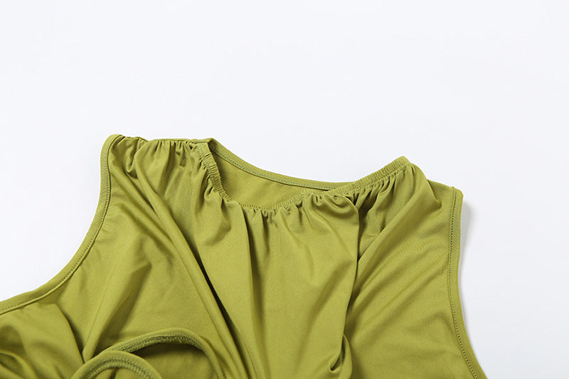 Green gathered-neck sexy pleated slim hip dress for a stylish slim hip look