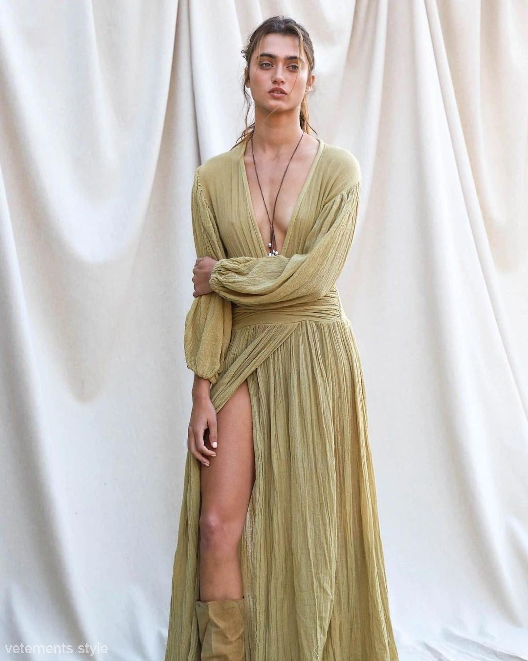 Olive green pleated maxi dress in lantern sleeve cotton, elegant vacation dress