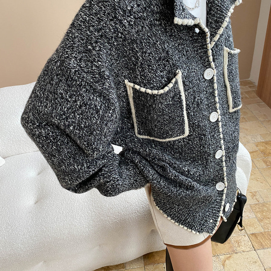 Black fashionable double pocket loose knitted sweater coat with white buttons
