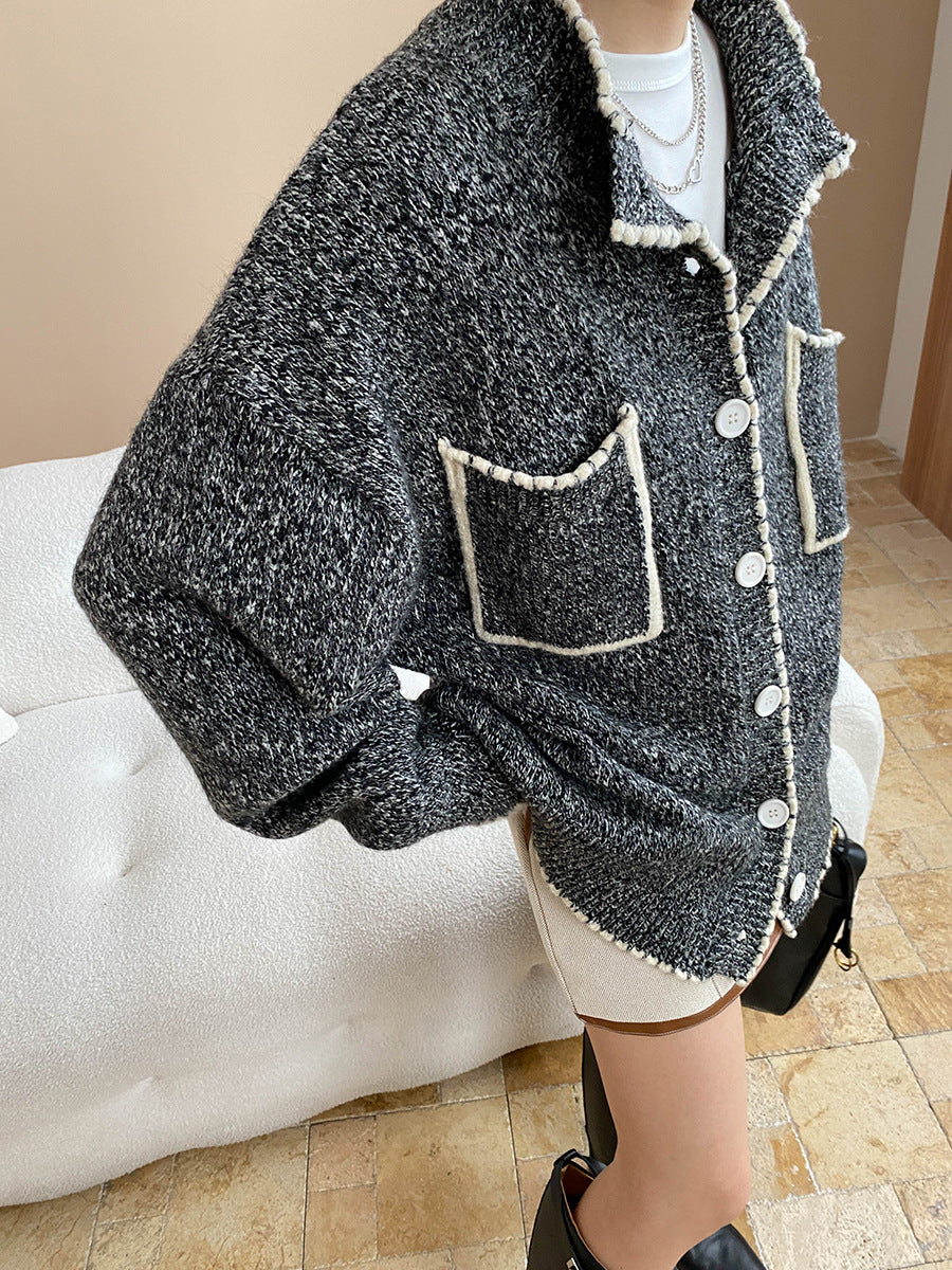 Black fashionable double pocket loose knitted sweater coat with white buttons