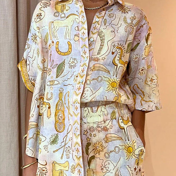 Matching horse-themed shirt and shorts set from Summer Casual Pocket Two Piece Set in modern fashion