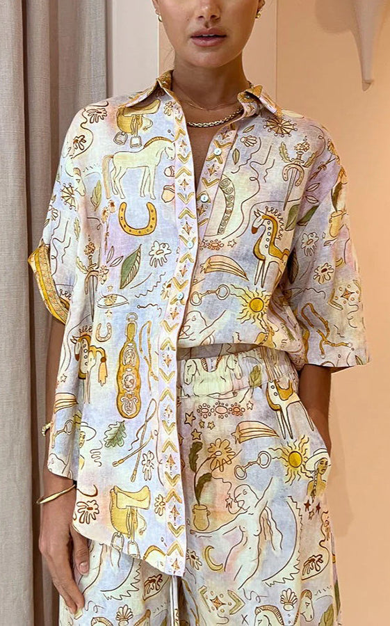 Matching horse-themed shirt and shorts set from Summer Casual Pocket Two Piece Set in modern fashion