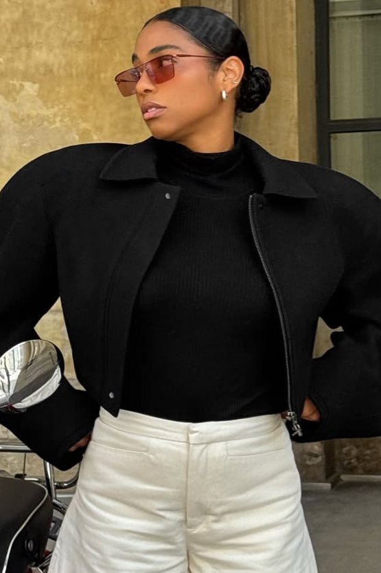 Langry fashion black cropped wool jacket with machete collar and zipper details