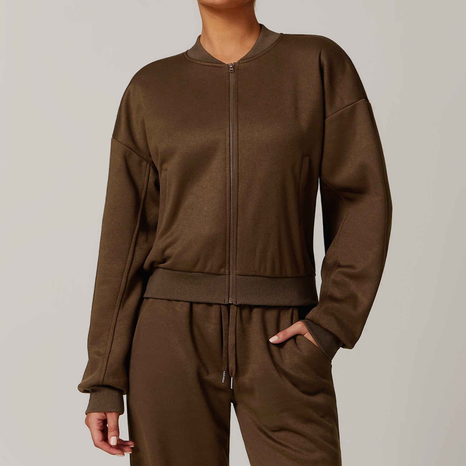 Outdoor Warm Sports Sweater Coat featuring a brown zip-up tracksuit, perfect for langry fashion and ملابس