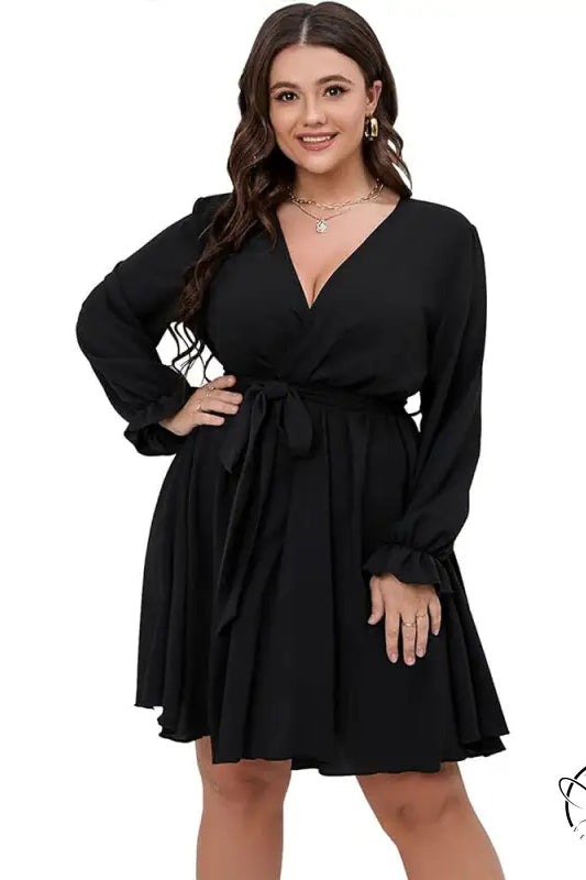 Black winter office midi dress with V-neck and ruffled cuffs