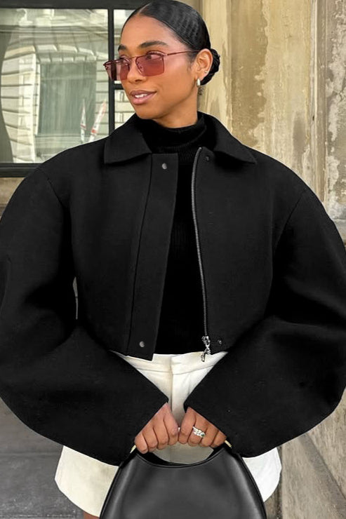 Langry fashion black oversized woolen jacket with bell sleeves and zipper detail