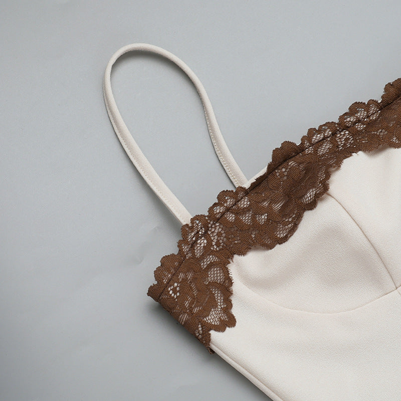 Elegant White Camisole with Brown Lace Trim for Stylish Langry Fashion ملابس