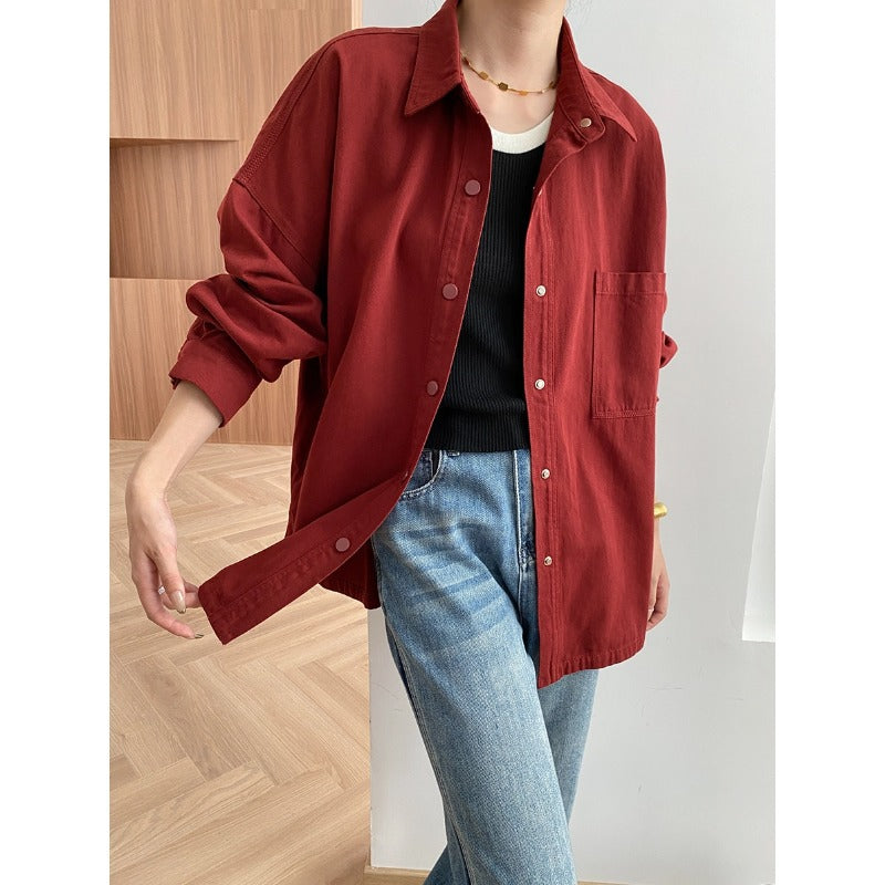 Red button-down shirt with jeans styled for casual office fashion by Langry ملابس