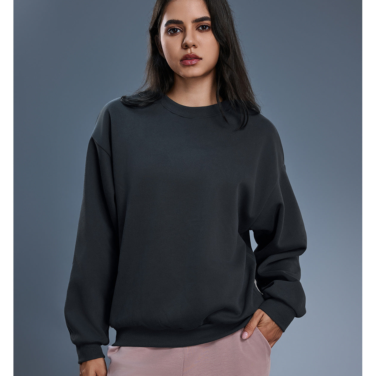 Charcoal gray long sleeve casual pullover hoodie in soft cotton blend