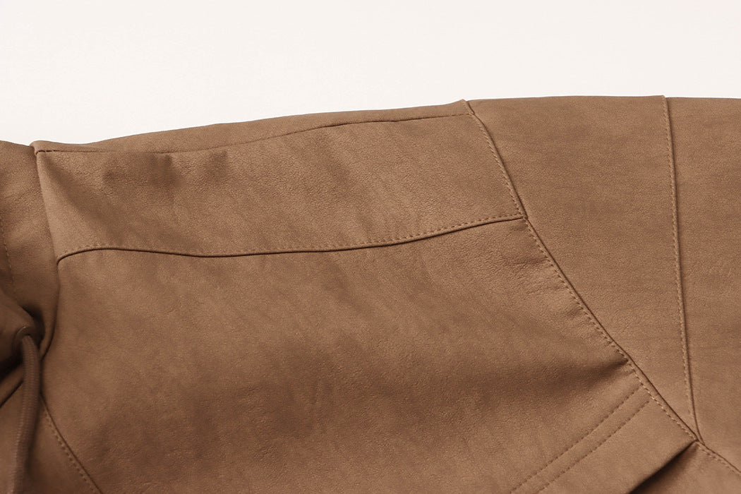 Brown fabric shoulder detail on High Quality Casual Leather Coat for fashion enthusiasts