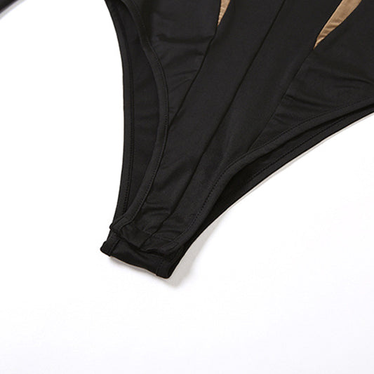 Black and tan bodysuit from Summer Women Clothing with casual mesh stitching high design