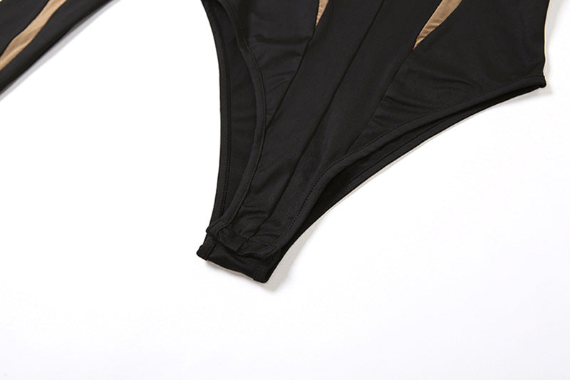Black and tan bodysuit from Summer Women Clothing with casual mesh stitching high design