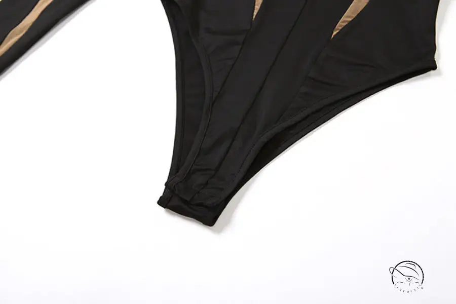 Black and tan mesh stitching high waist long sleeves jumpsuit