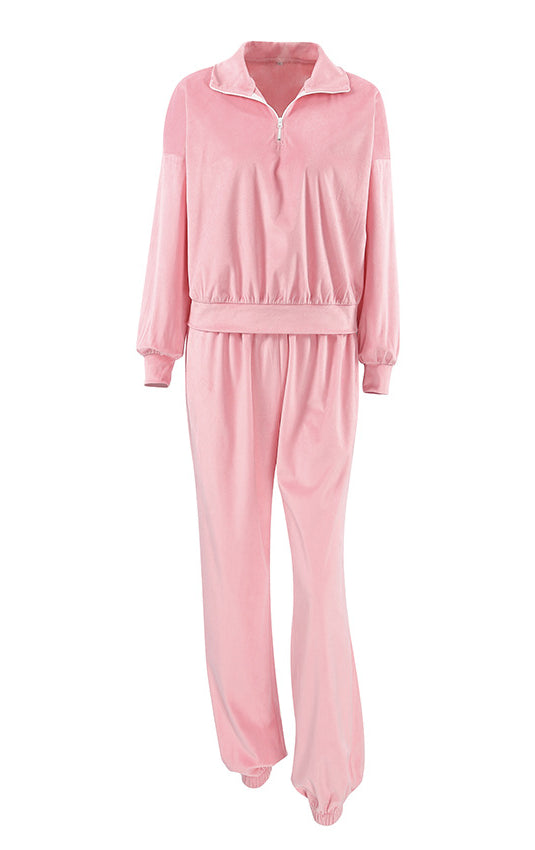 Gentle pink knitted velvet langry fashion tracksuit with half-zip collar