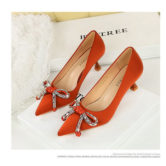 Langry fashion orange satin pointed stiletto heels with rhinestone bows