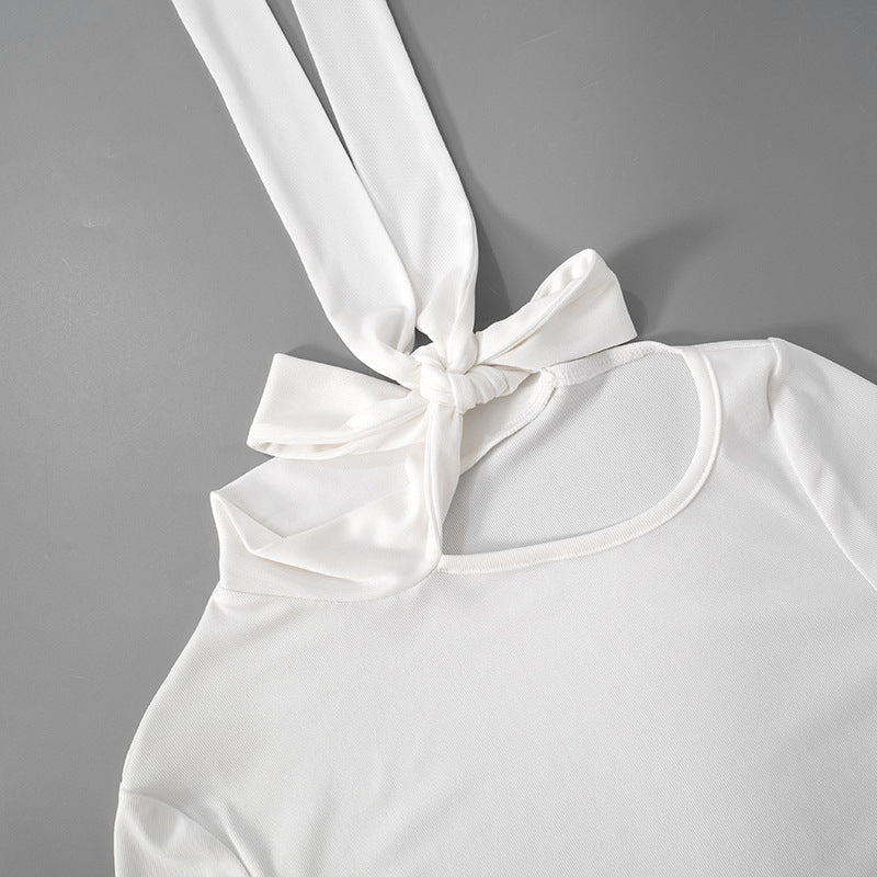 White top with shoulder tie from Simple round Neck Slim Fit Top in modern fashion style