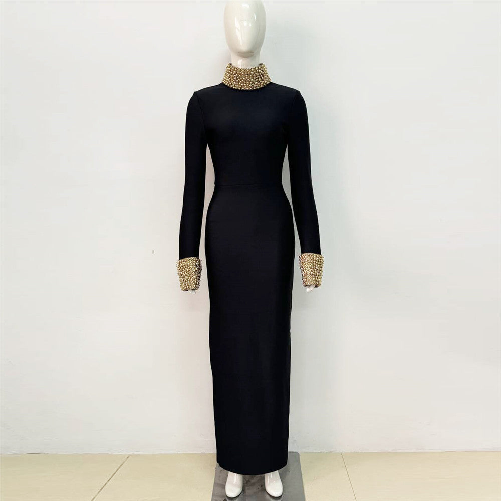 Elegant diamond bead bandage dress in black with long sleeves, perfect for fashion and ملابس trends