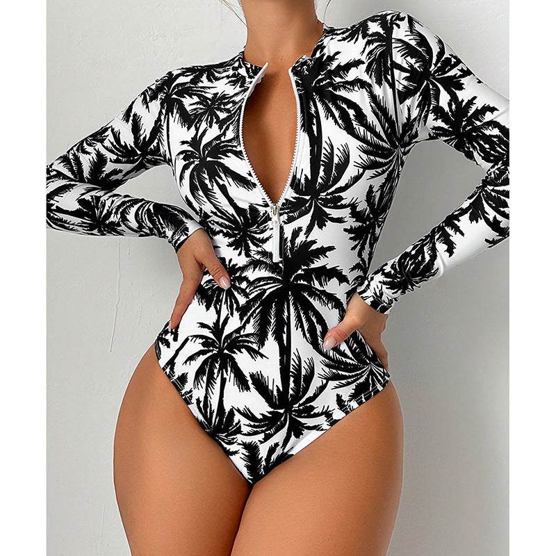 Black and white palm tree print long sleeve swimsuit for women, fashionable beachwear