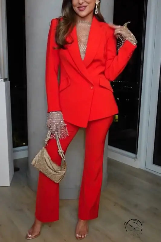 Woman in red pantsuit from casual professional pants two piece set
