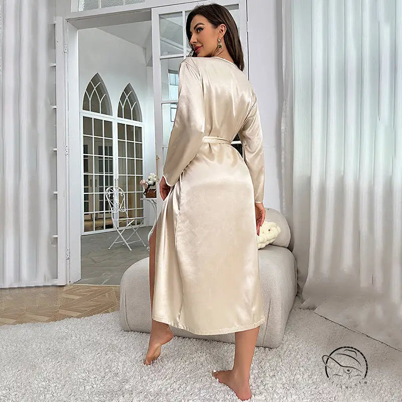 Elegant cream satin langry robe in Beautiful Emulation Silk Nightgown fashion